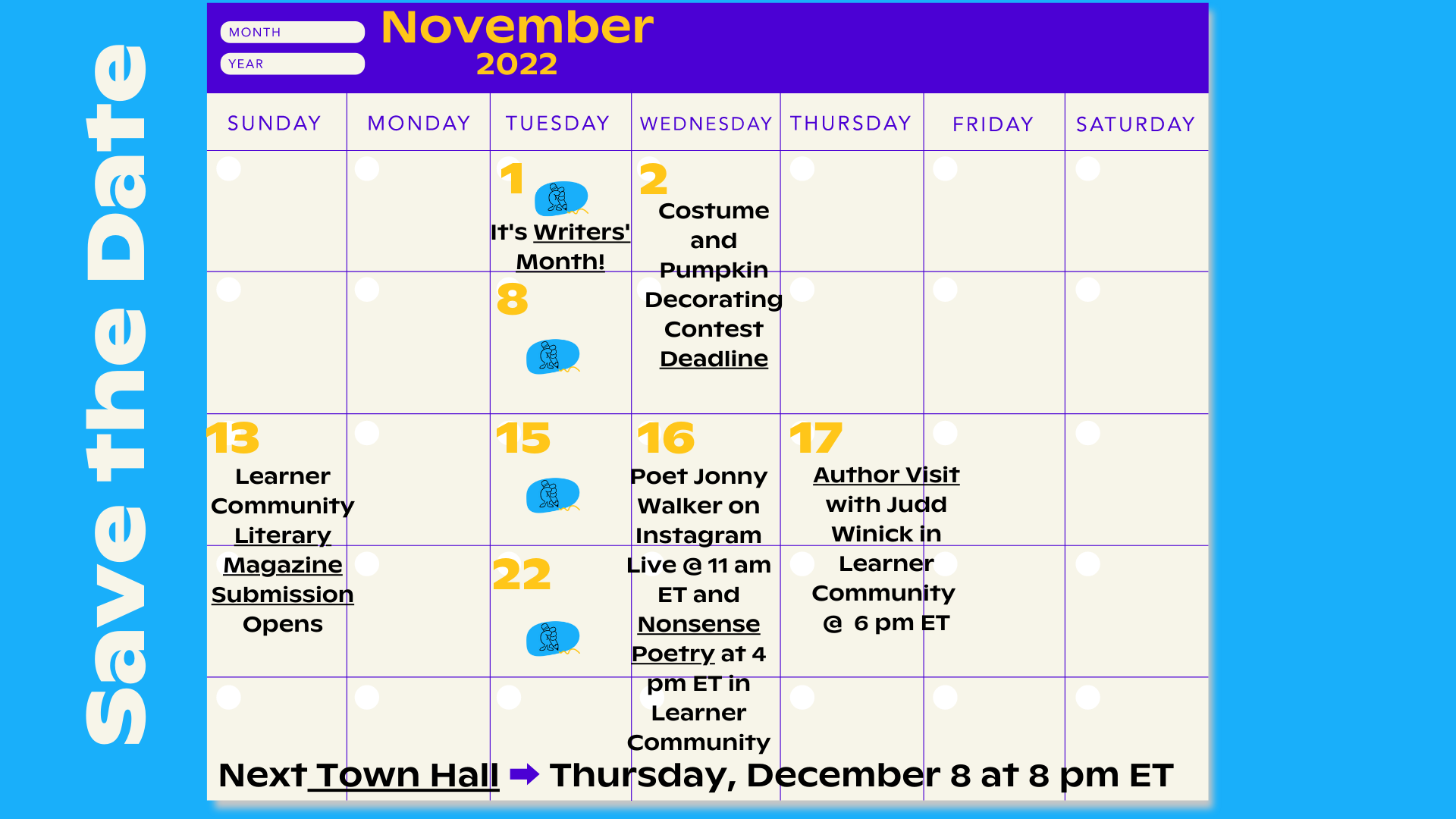 Calendar with upcoming events for November